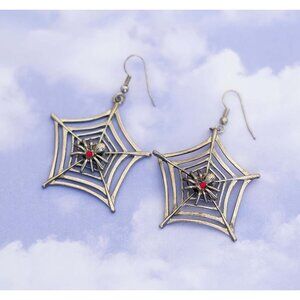 Vintage Spider on Web with Red Austrian Crystals Pewter Dangle Earrings - S17